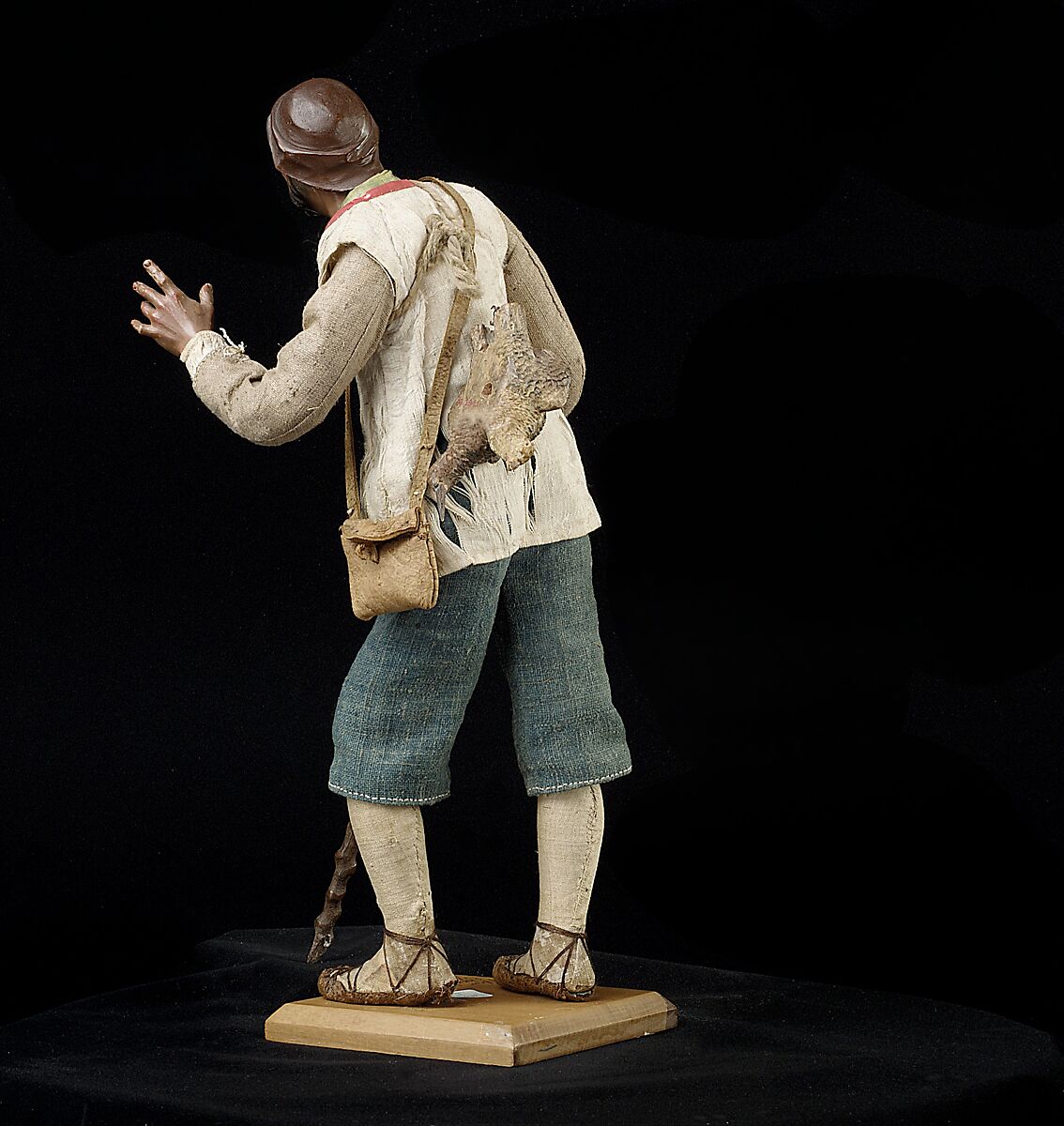 Man with staff and brace of birds, Polychromed wood and terracotta; cloth, straw, leather and metal, Italian, Naples