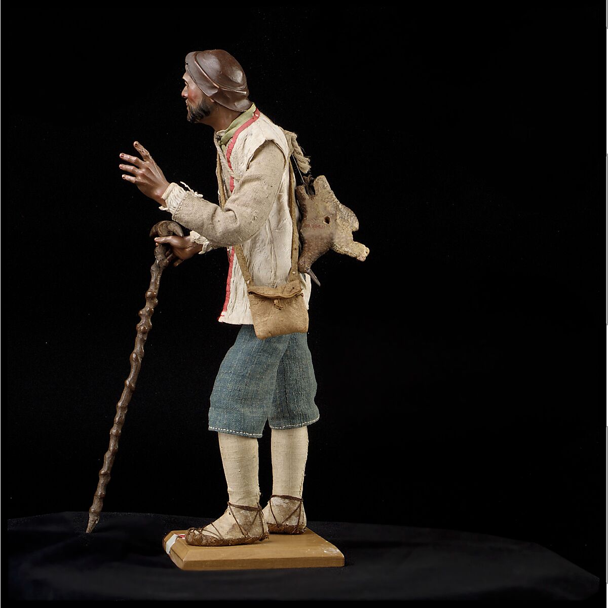 Man with staff and brace of birds, Polychromed wood and terracotta; cloth, straw, leather and metal, Italian, Naples