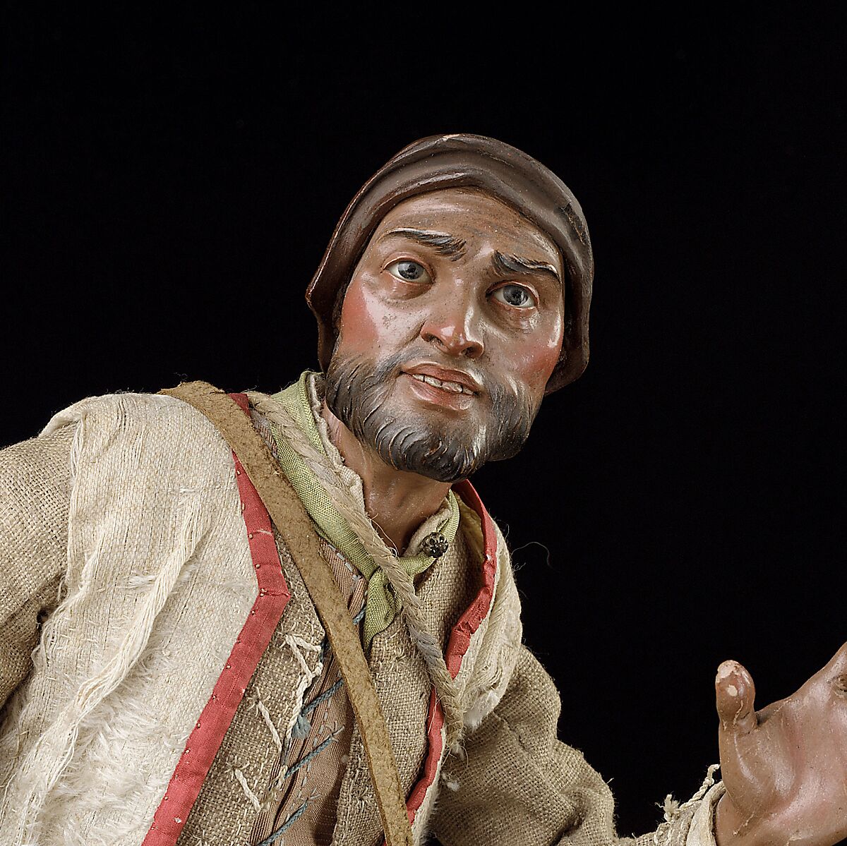 Man with staff and brace of birds, Polychromed wood and terracotta; cloth, straw, leather and metal, Italian, Naples