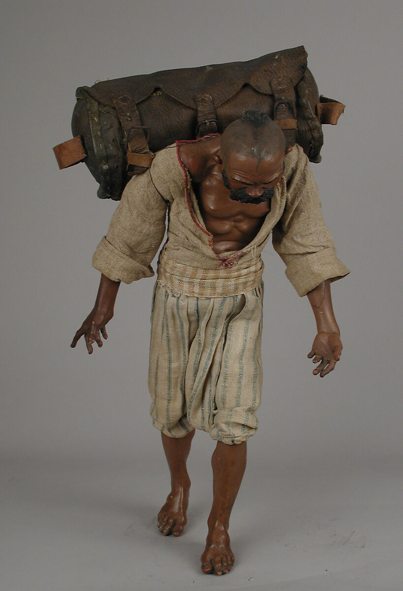 Man with back pack, Polychromed wood and terracotta; cloth, metal and leather, Italian, Naples