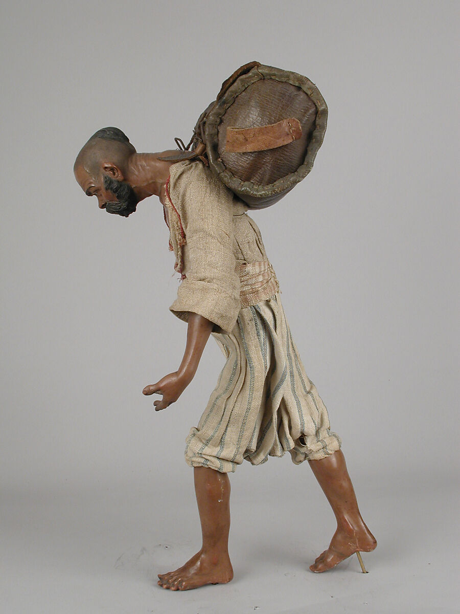 Man with back pack, Polychromed wood and terracotta; cloth, metal and leather, Italian, Naples