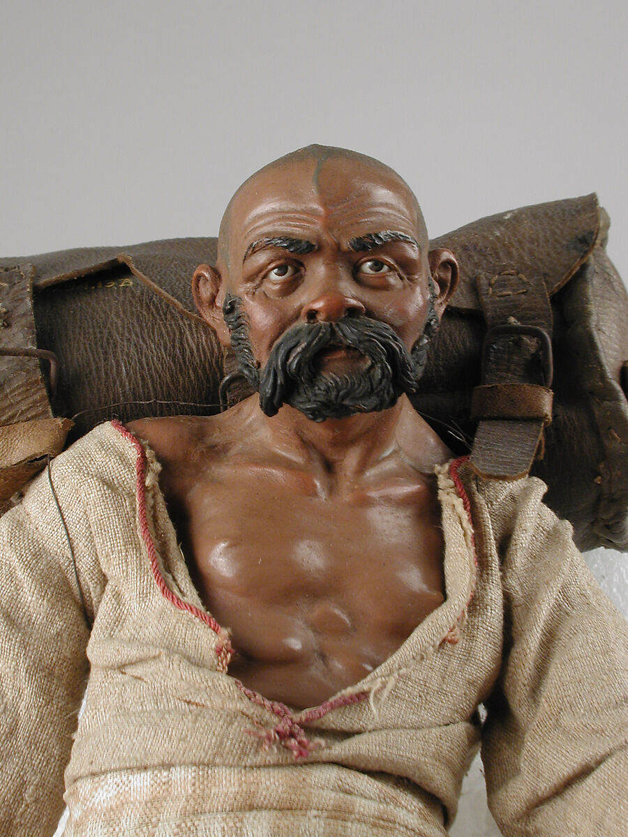 Man with back pack, Polychromed wood and terracotta; cloth, metal and leather, Italian, Naples