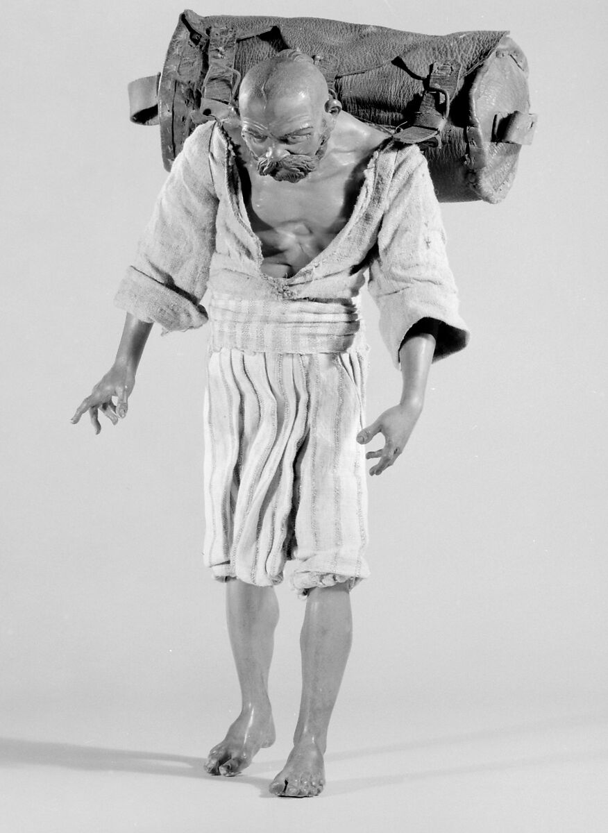 Man with back pack, Polychromed wood and terracotta; cloth, metal and leather, Italian, Naples