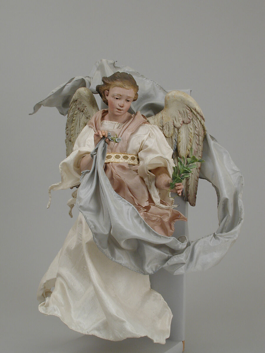 Angel, Polychromed wood body and silk robes, Italian, Naples