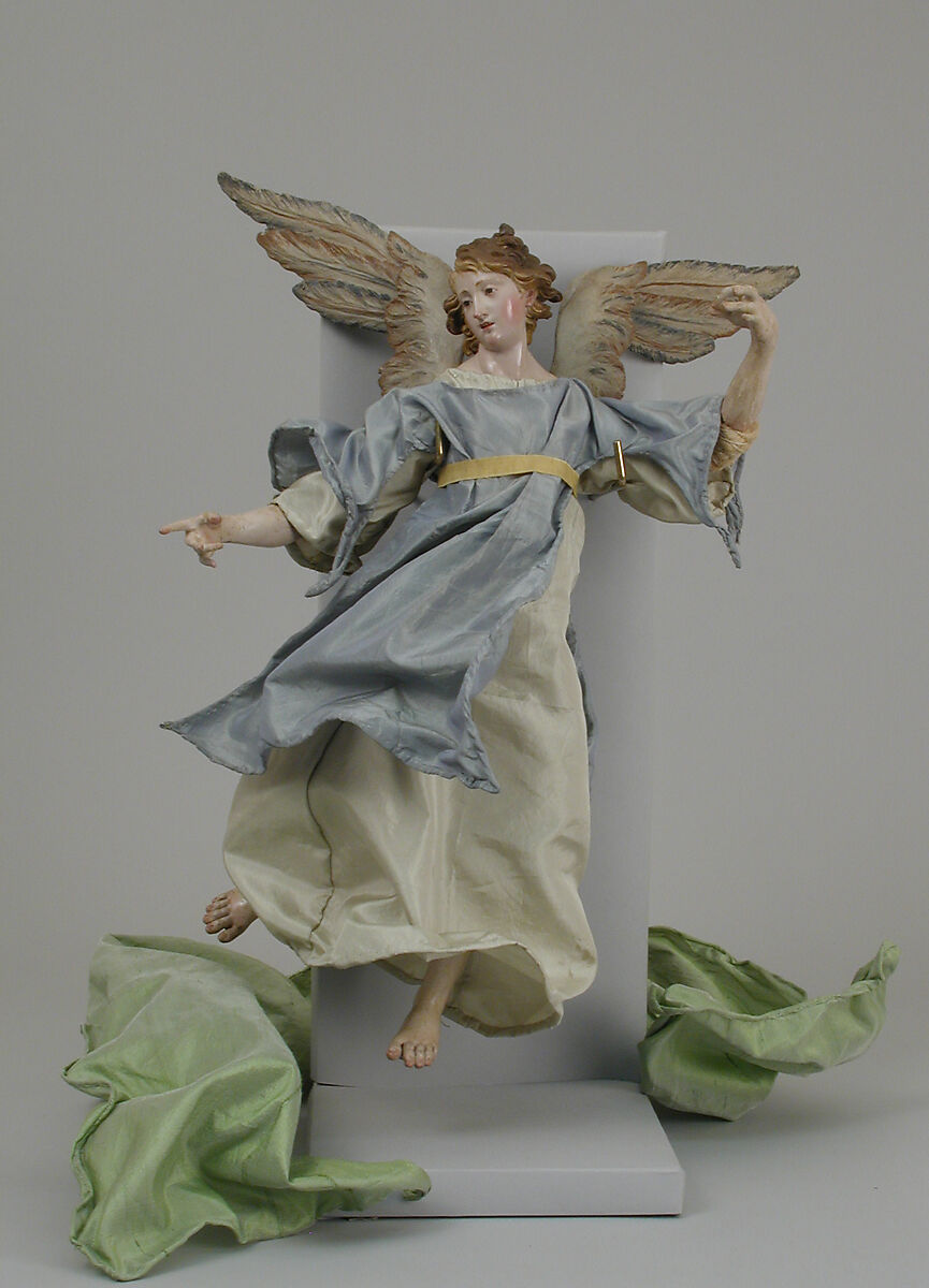 Angel, Polychromed wood and terracotta, straw, cloth and silk, Italian, Naples 