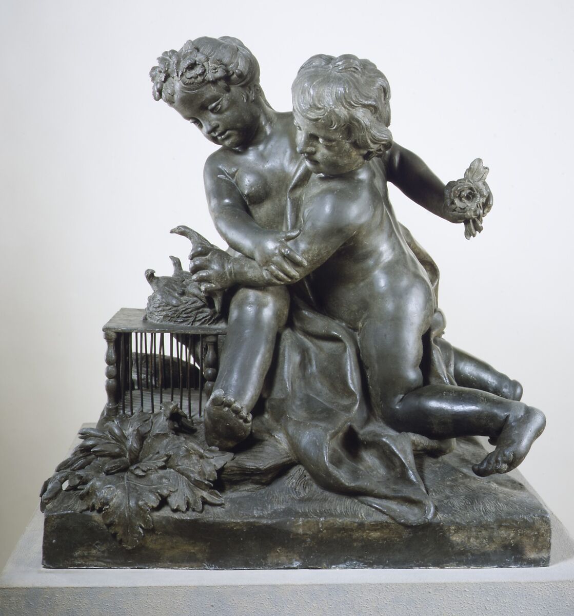 Children playing with birds, Francesco Ladatte (Italian, Turin 1706–1787 Turin), Lead, Italian, Turin