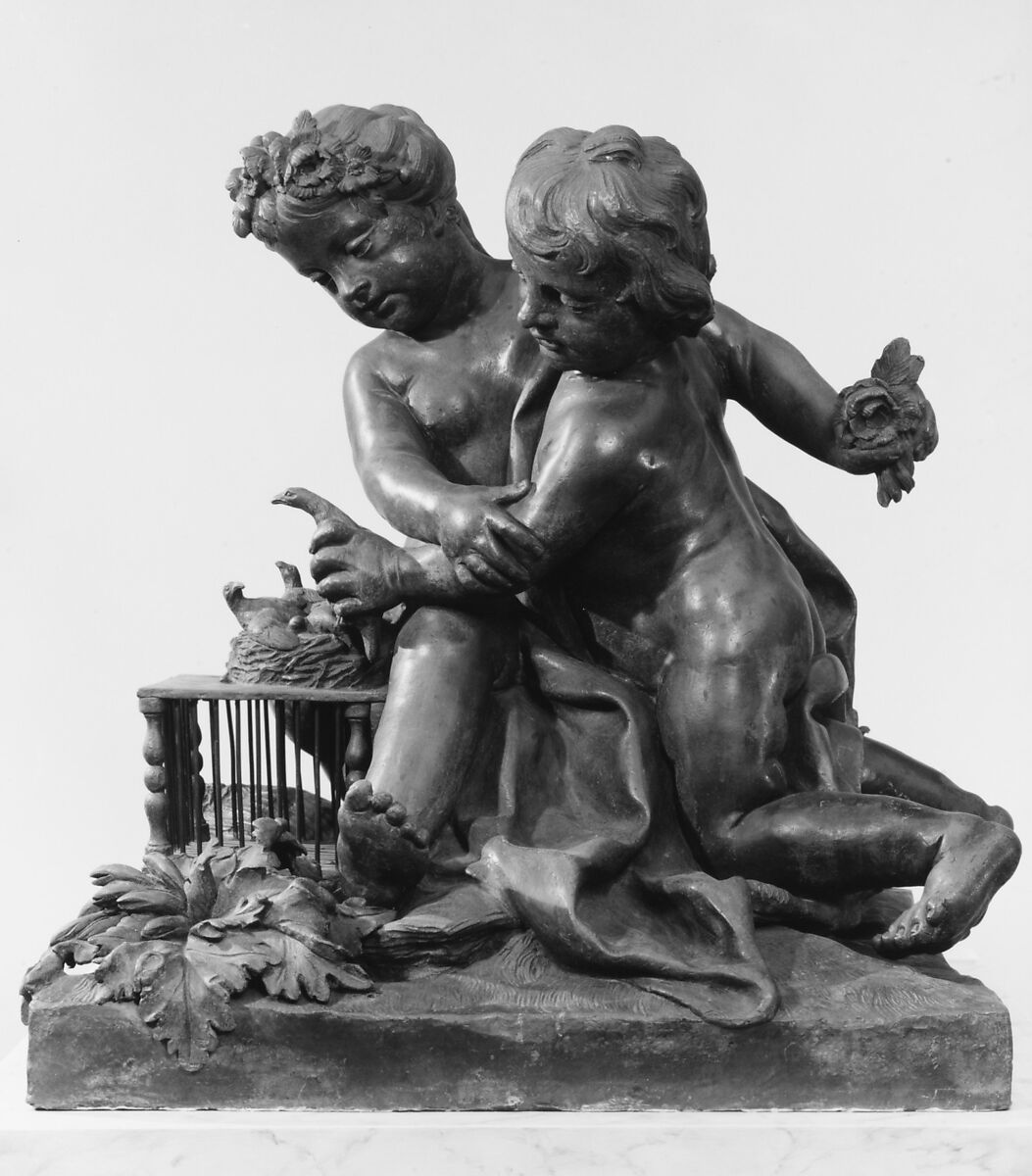 Children playing with birds, Francesco Ladatte (Italian, Turin 1706–1787 Turin), Lead, Italian, Turin