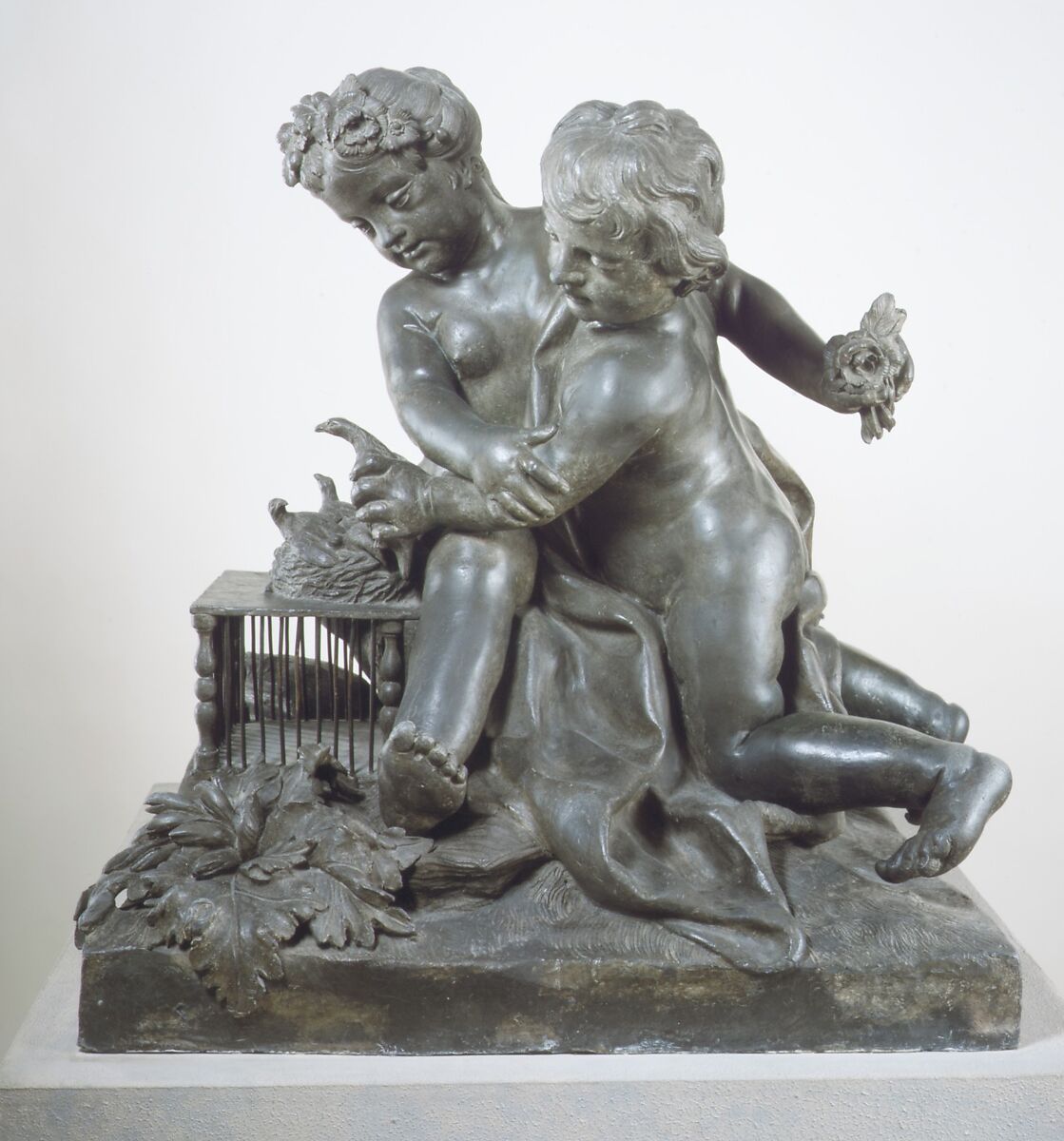 Children playing with birds, Francesco Ladatte (Italian, Turin 1706–1787 Turin), Lead, Italian, Turin