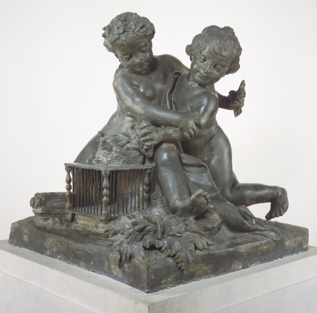 Children playing with birds, Francesco Ladatte (Italian, Turin 1706–1787 Turin), Lead, Italian, Turin