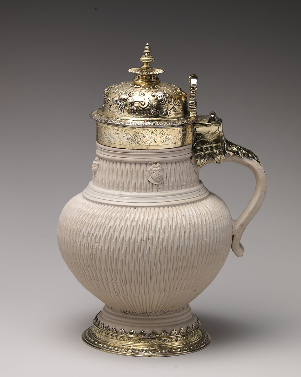 Tankard (one of a pair), Gilded silver, stoneware, British mounts and German, Siegburg ceramic 