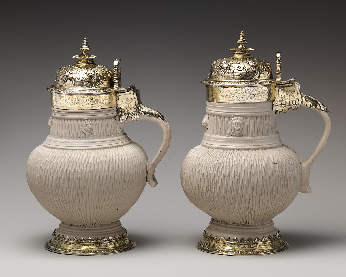 Tankard (one of a pair), Gilded silver, stoneware, British mounts and German, Siegburg ceramic