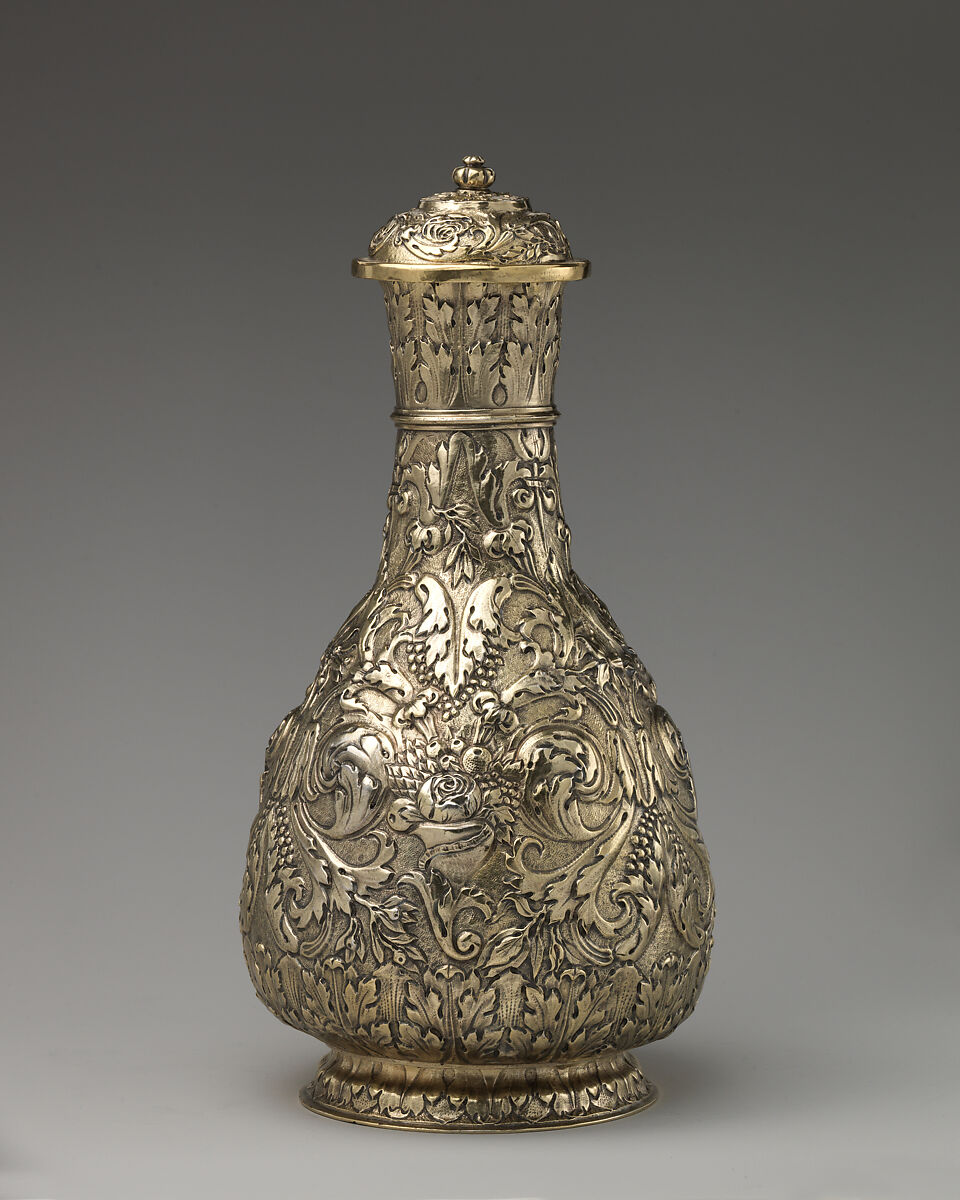 Bottle with cover (one of a pair), Attributed to Thomas Jenkins (active 1668–1708), Gilded silver, British, London