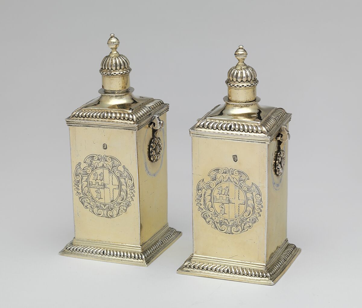 Pair of perfume bottles, John Bodington (British, active 1688–1727), Silver gilt, glass inside, British, London 