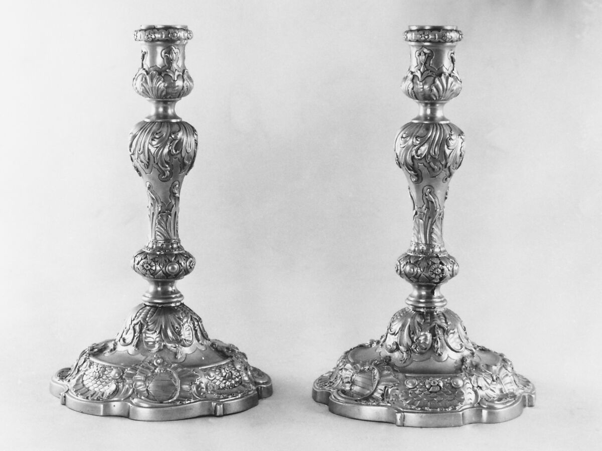 Set of four candlesticks, George Wickes (British, Bury St Edmunds, Suffolk 1698–1761 Thurston, Suffolk), Silver, British, London 