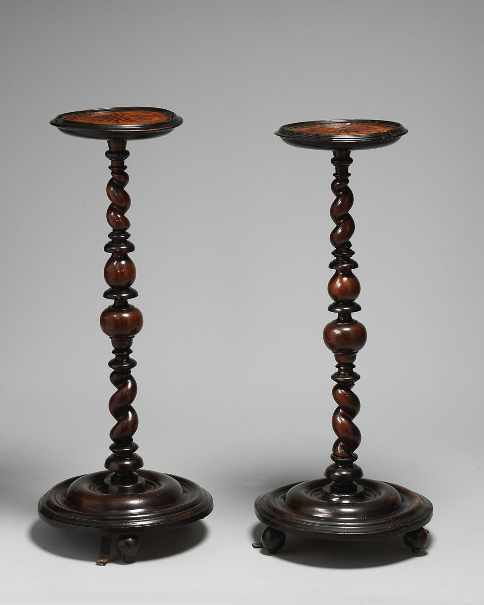 Pair of candlestands, Walnut, assorted woods, British 