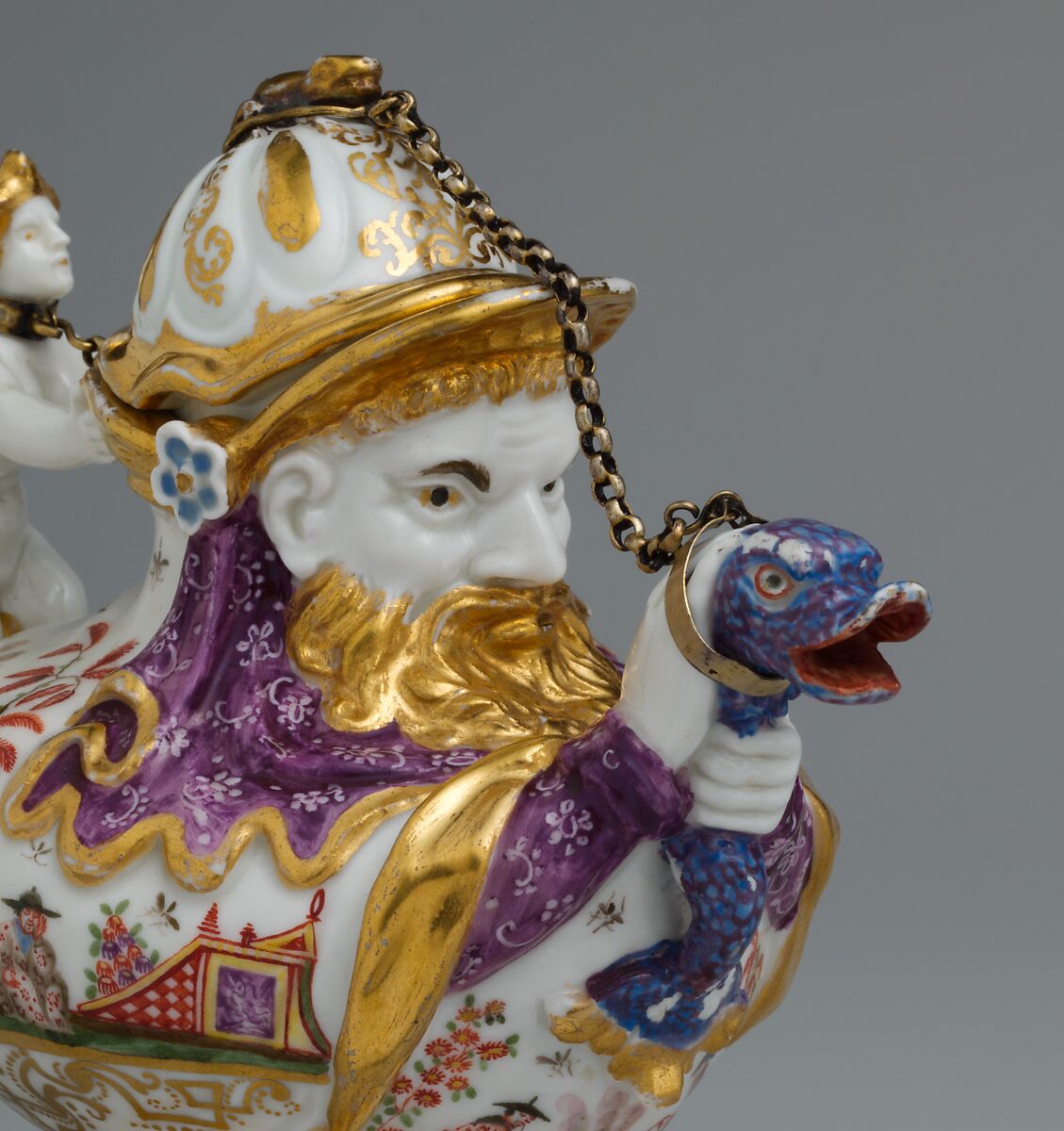 Teapot with cover, Meissen Manufactory (German, 1710–present), Hard-paste porcelain decorated in polychrome enamels, gold; metal chain and mounts, German, Meissen with Augsburg decoration