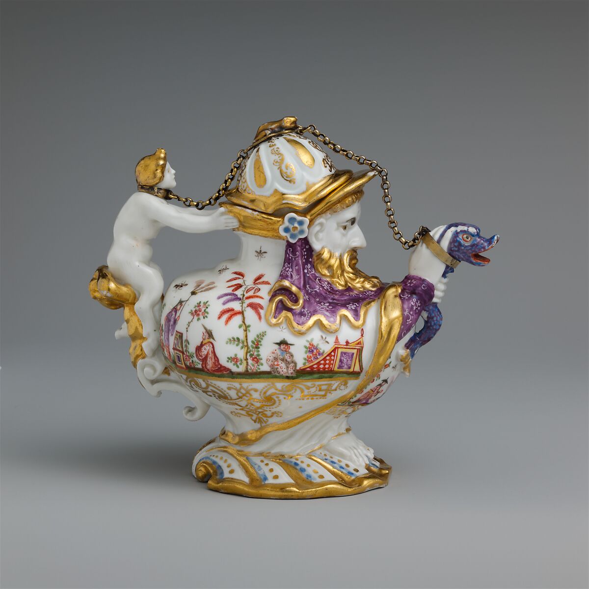 Teapot with cover, Meissen Manufactory (German, 1710–present), Hard-paste porcelain decorated in polychrome enamels, gold; metal chain and mounts, German, Meissen with Augsburg decoration