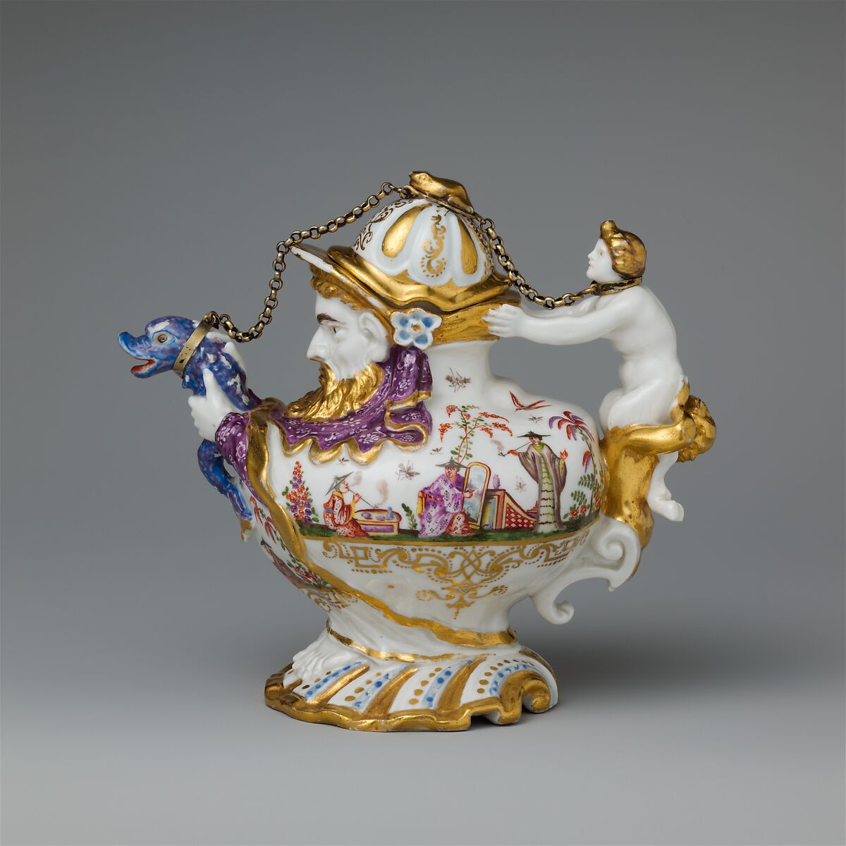 Teapot with cover, Meissen Manufactory (German, 1710–present), Hard-paste porcelain decorated in polychrome enamels, gold; metal chain and mounts, German, Meissen with Augsburg decoration