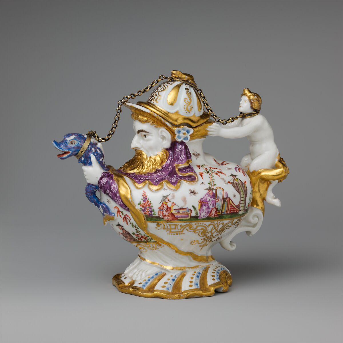 Teapot with cover, Meissen Manufactory (German, 1710–present), Hard-paste porcelain decorated in polychrome enamels, gold; metal chain and mounts, German, Meissen with Augsburg decoration 