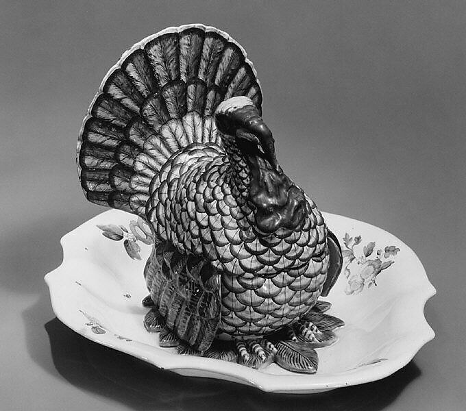 Tureen with cover in the form of a turkey, Tin-glazed earthenware, German, Hanau