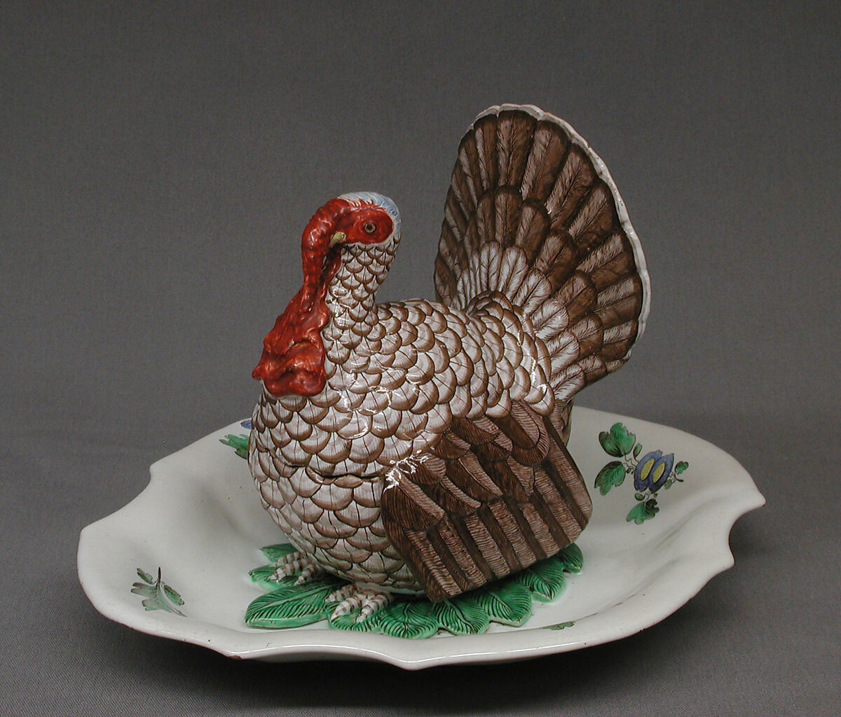 Tureen with cover in the form of a turkey, Tin-glazed earthenware, German, Hanau 