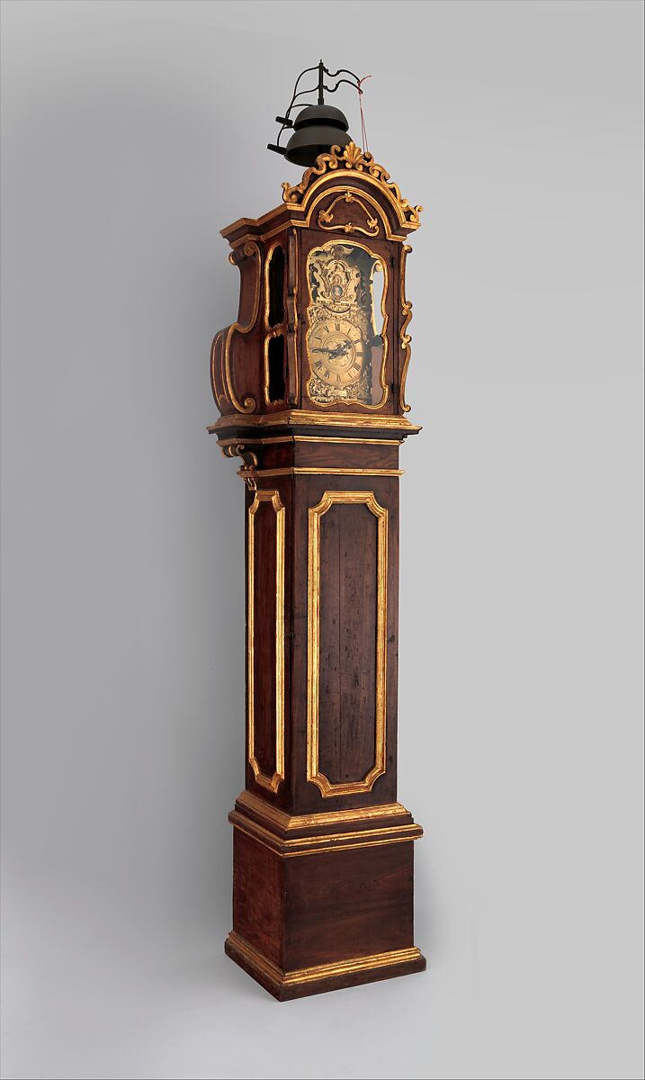 Longcase clock, Clockmaker: Mario Gambelli (Italian, active 1766), Case: partly gilded walnut and pine with later additions of various woods; Dial: brass; Movement: brass and steel, Italian, Bologna 