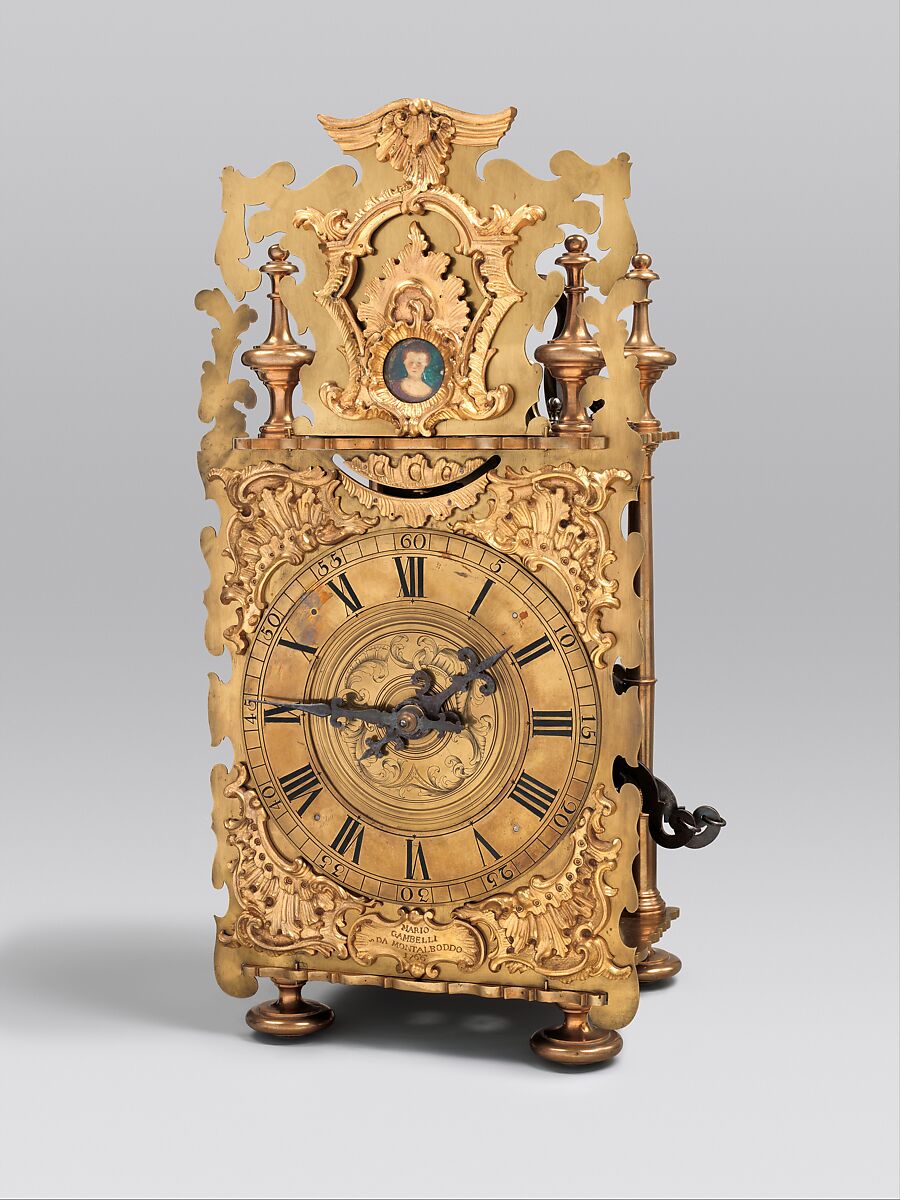 Longcase clock, Clockmaker: Mario Gambelli (Italian, active 1766), Case: partly gilded walnut and pine with later additions of various woods; Dial: brass; Movement: brass and steel, Italian, Bologna