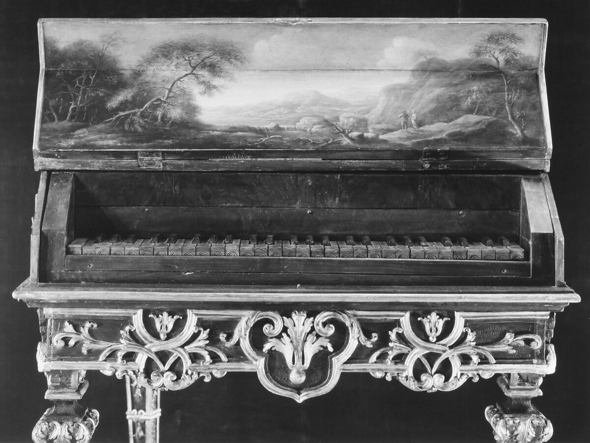 Harpsichord (part of a set), Painting under the lid attributed to Crescenzio Onofri (Italian, Rome after 1632–after 1712 Florence), Gilded and painted wood, Italian