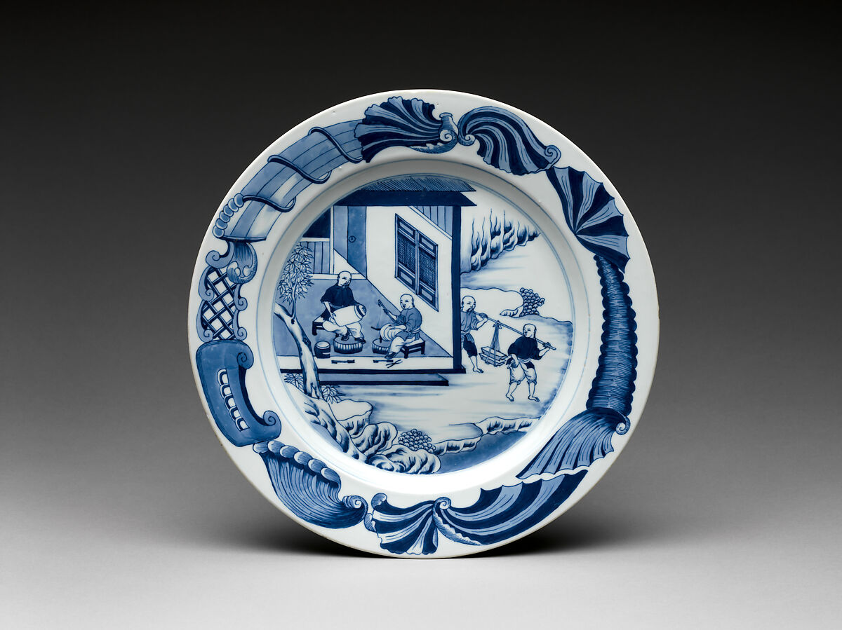Dish with a scene of tea cultivation (one of a pair), Hard-paste porcelain painted with cobalt blue under transparent glaze (Jingdezhen ware), Chinese, for European, probably Dutch, market 