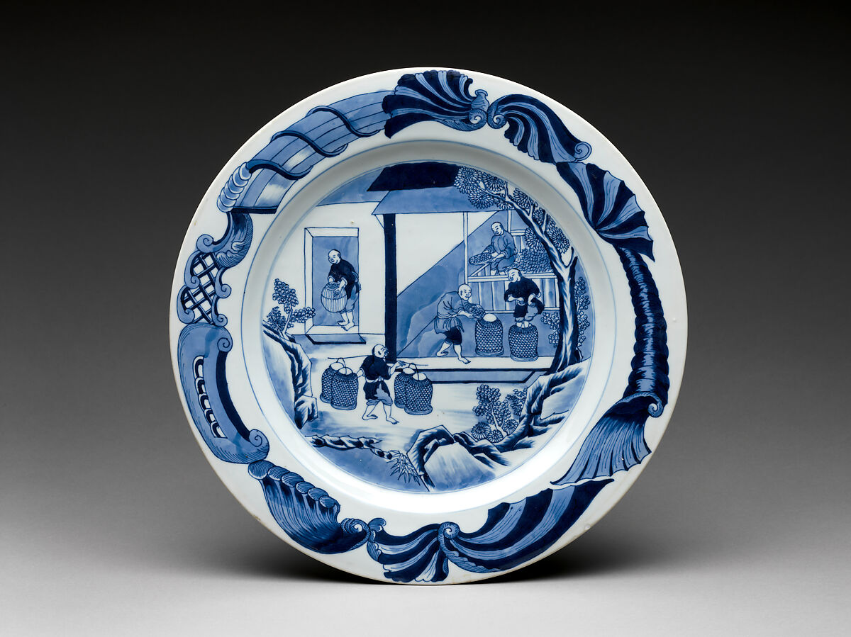Dish with a scene of tea cultivation (one of a pair), Hard-paste porcelain painted with cobalt blue under transparent glaze (Jingdezhen ware), Chinese, for European, probably Dutch, market 