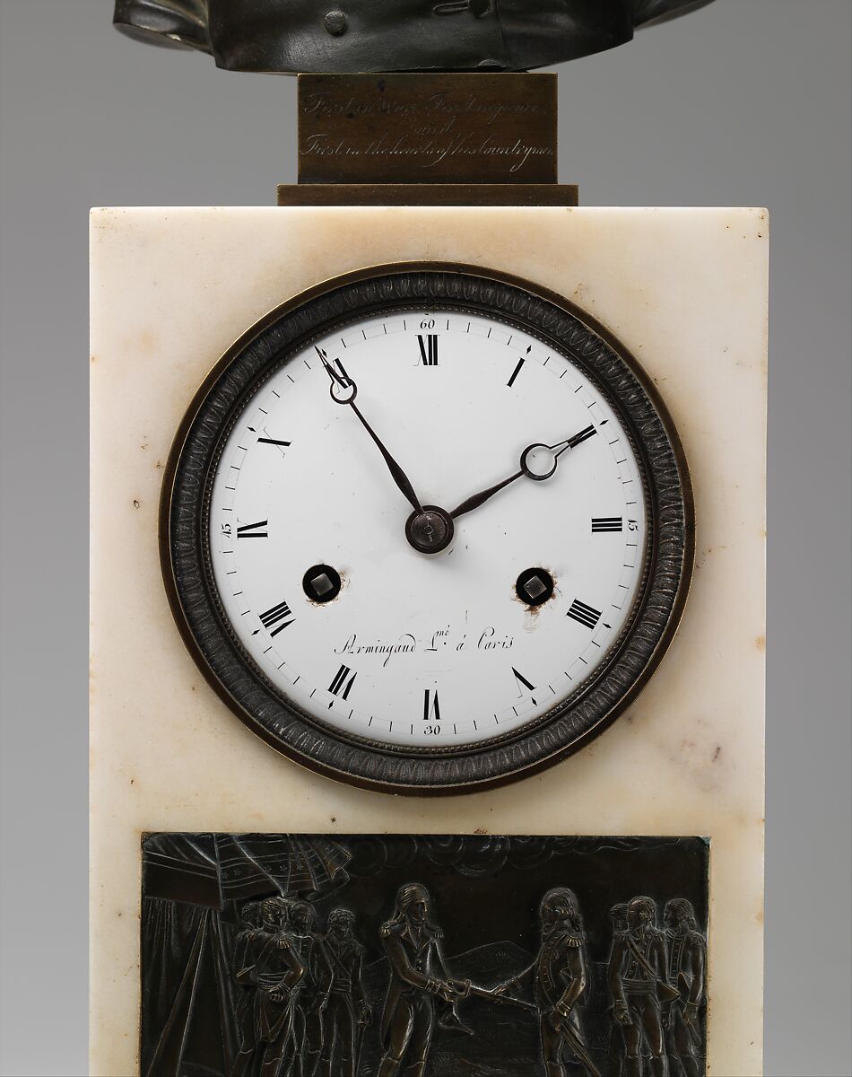 Clock with Bust of Washington and Relief of Cornwallis Resigning his Sword to Washington, Armingaud L’Ainé (1806–1813), Marble and patinated bronze, American