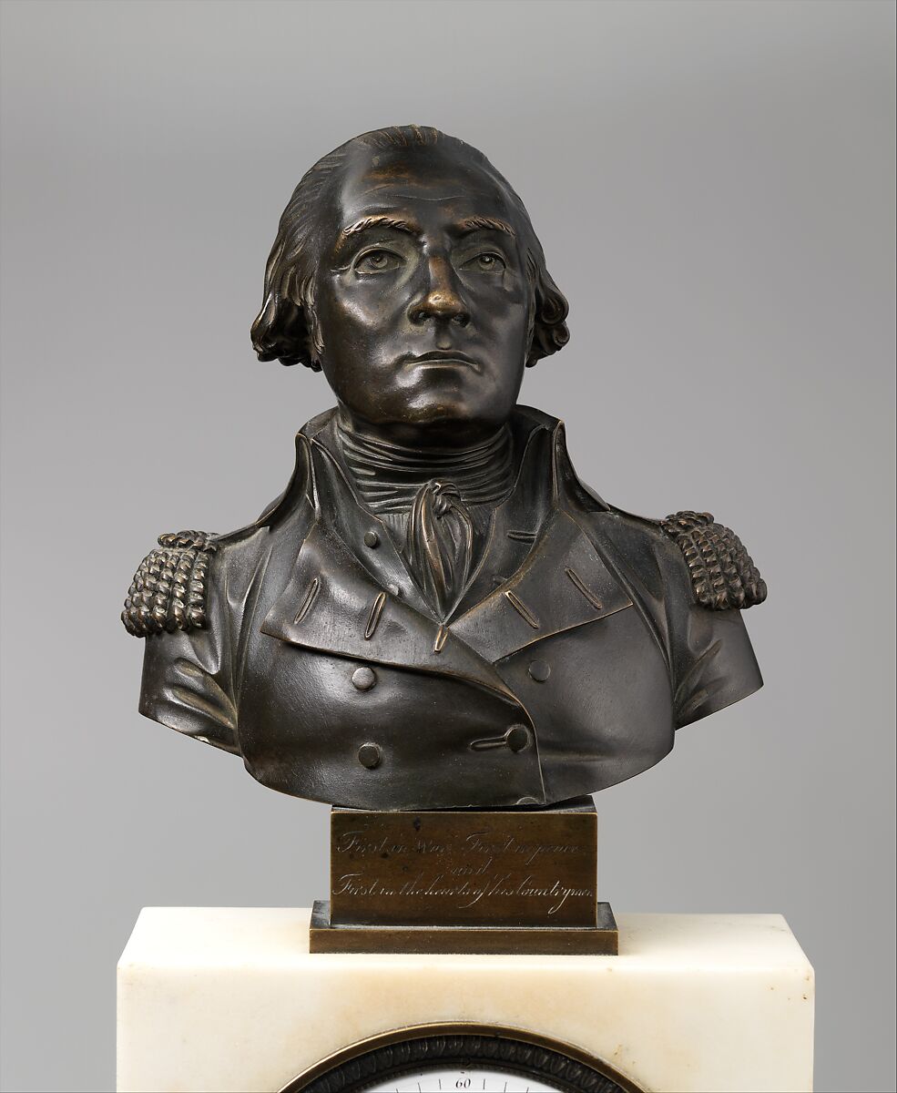 Clock with Bust of Washington and Relief of Cornwallis Resigning his Sword to Washington, Armingaud L’Ainé (1806–1813), Marble and patinated bronze, American