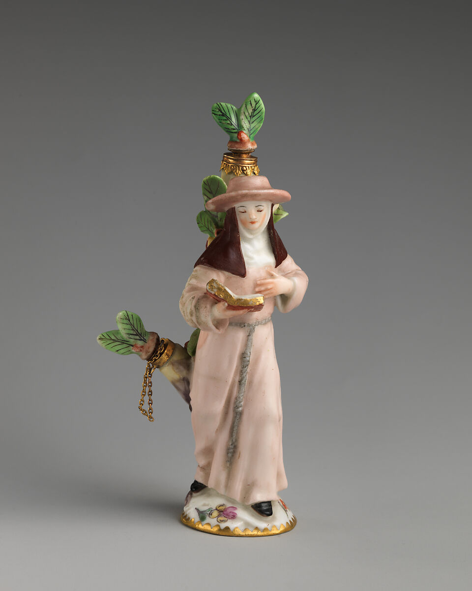 Scent bottle in the form of a nun reading a book, Chelsea Porcelain Manufactory (British, 1745–1784, Red Anchor Period, ca. 1753–58), Soft-paste porcelain, British, Chelsea 