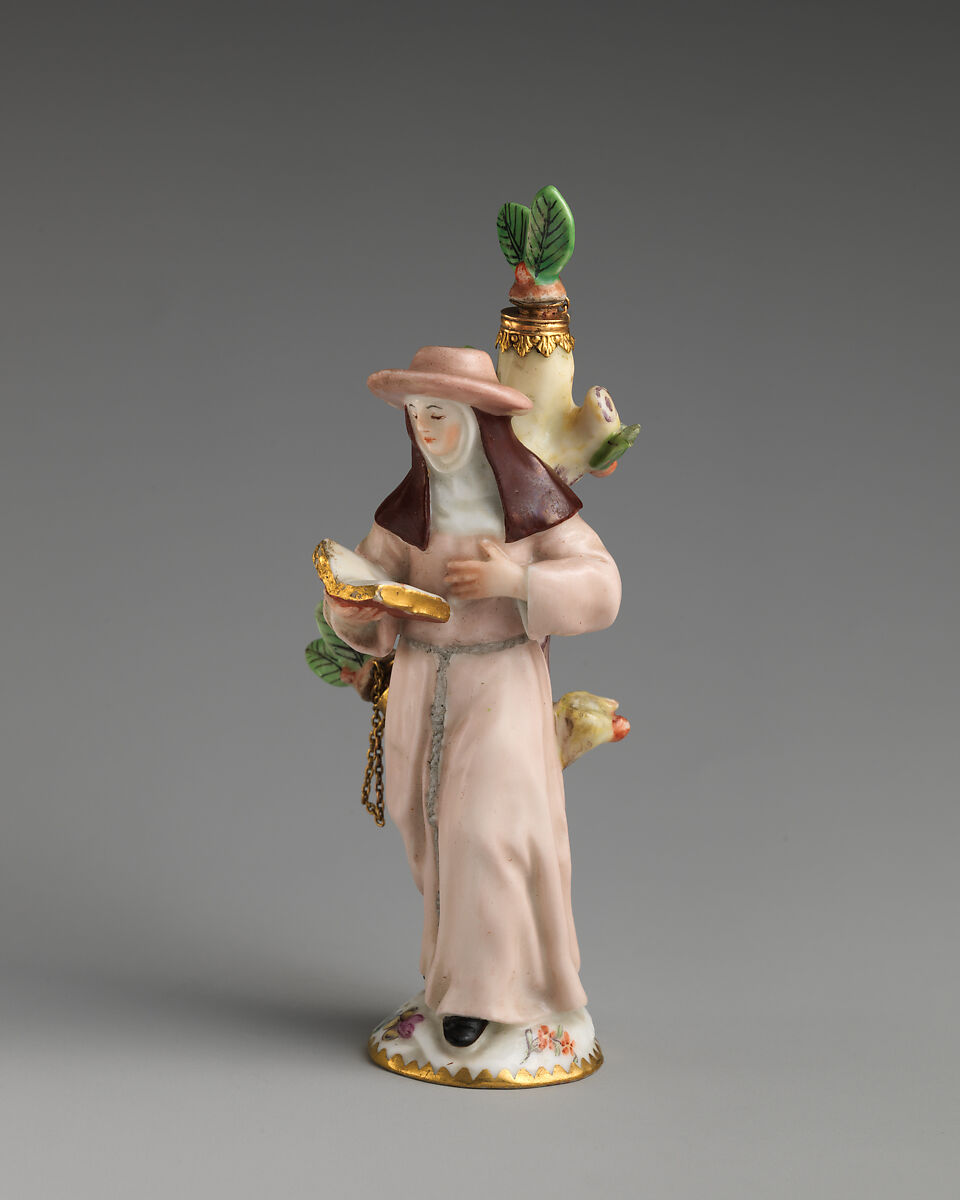 Scent bottle in the form of a nun reading a book, Chelsea Porcelain Manufactory (British, 1745–1784, Red Anchor Period, ca. 1753–58), Soft-paste porcelain, British, Chelsea