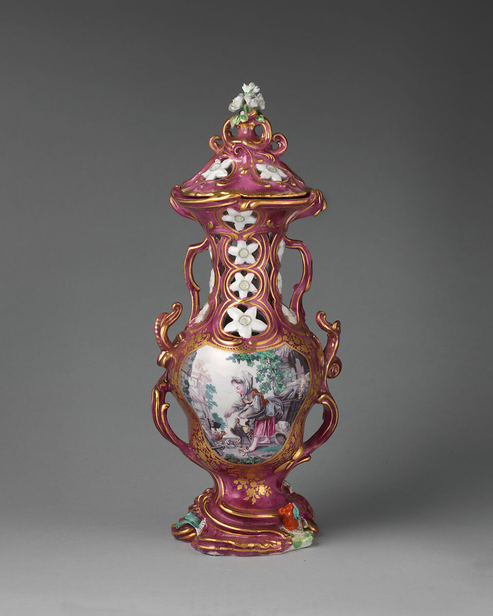 Vase (one of a set of three), Chelsea Porcelain Manufactory (British, 1745–1784, Gold Anchor Period, 1759–69), Soft-paste porcelain, British, Chelsea