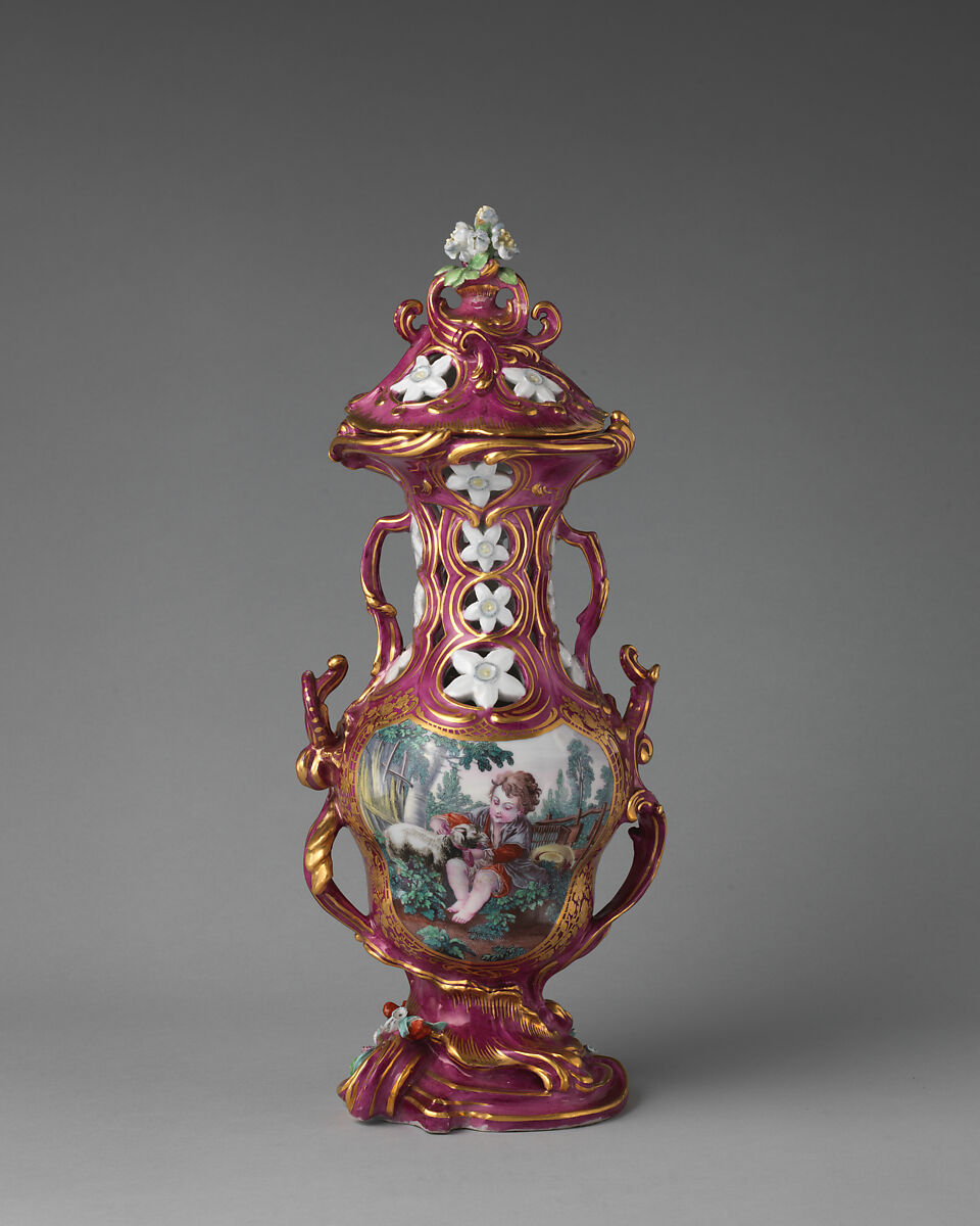 Vase (one of a set of three), Chelsea Porcelain Manufactory (British, 1745–1784, Gold Anchor Period, 1759–69), Soft-paste porcelain, British, Chelsea 