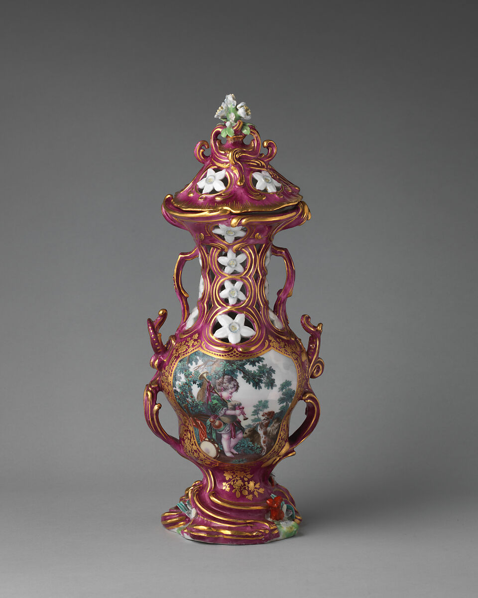 Vase (one of a set of three), Chelsea Porcelain Manufactory (British, 1745–1784, Gold Anchor Period, 1759–69), Soft-paste porcelain, British, Chelsea