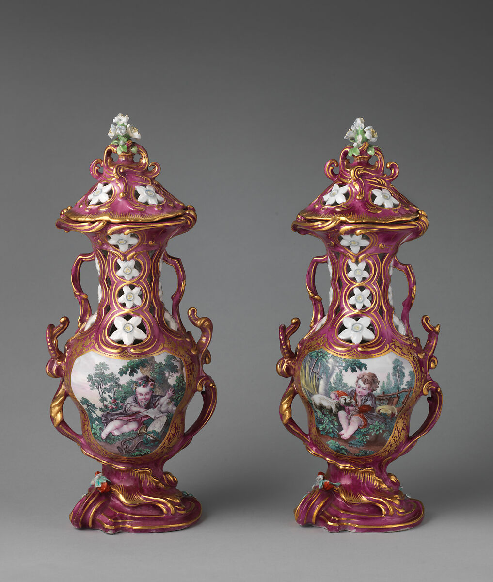 Vase (one of a set of three), Chelsea Porcelain Manufactory (British, 1745–1784, Gold Anchor Period, 1759–69), Soft-paste porcelain, British, Chelsea