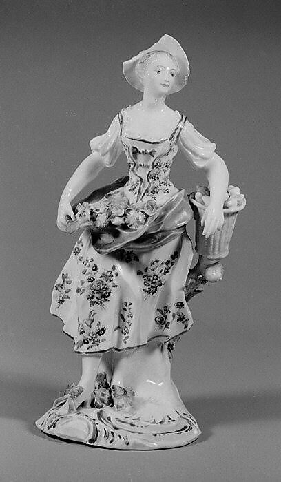Female gardener (one of a pair), Derby Porcelain Manufactory (British, 1751–1785), Soft-paste porcelain, British, Derby 