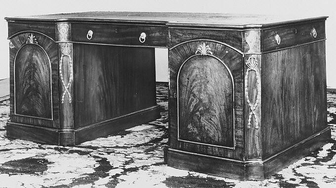 Writing table, After a design by Thomas Chippendale (British, baptised Otley, West Yorkshire 1718–1779 London), Mahogany, leather, gilt bronze, British 