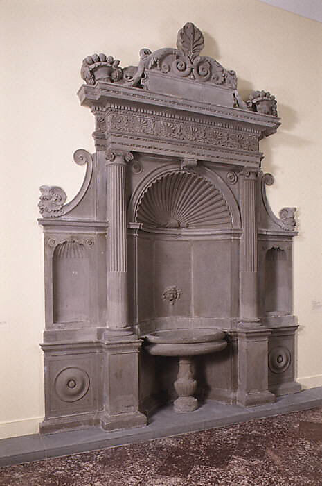 Wall fountain, Simone Mosca (Italian, Settignano 1492–1553 Orvieto), Grey sandstone (pietra serena), Italian, Florence