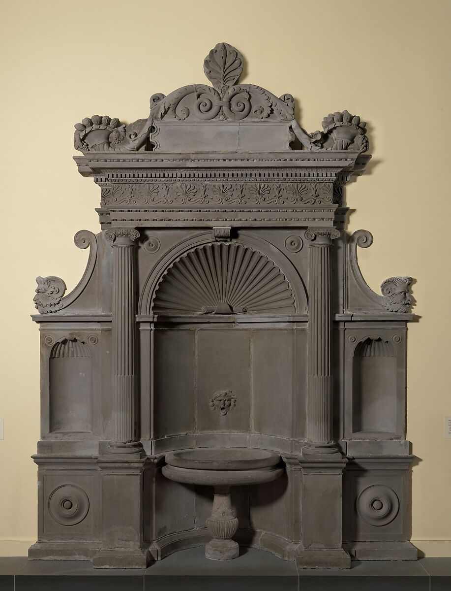 Wall fountain, Simone Mosca (Italian, Settignano 1492–1553 Orvieto), Grey sandstone (pietra serena), Italian, Florence 