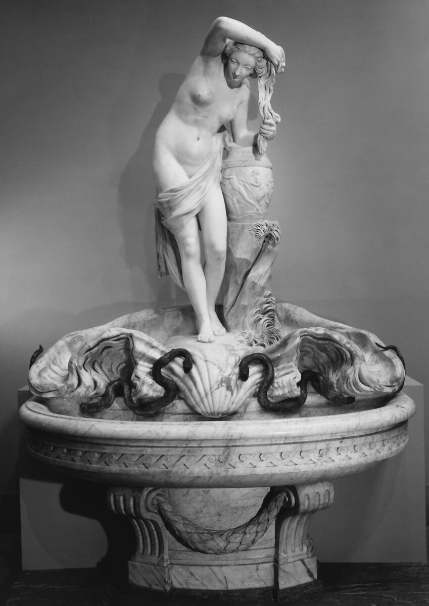 Nymph drying her hair, Louis Claude Vassé (French, Paris 1716–1772 Paris), Nymph: white marble: base, basin and console: gray-veined marble; serpents: bronze, with remains of gilding, French, Paris 