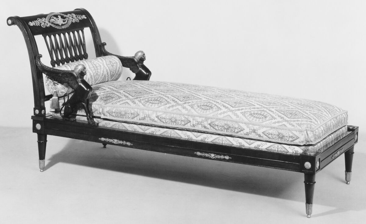 Daybed (lit de repos), François-Honoré-Georges Jacob-Desmalter (French, 1770–1841), Mahogany and mahogany veneered on beechwood; gilt bronze, bronze, lampas, French, Paris 