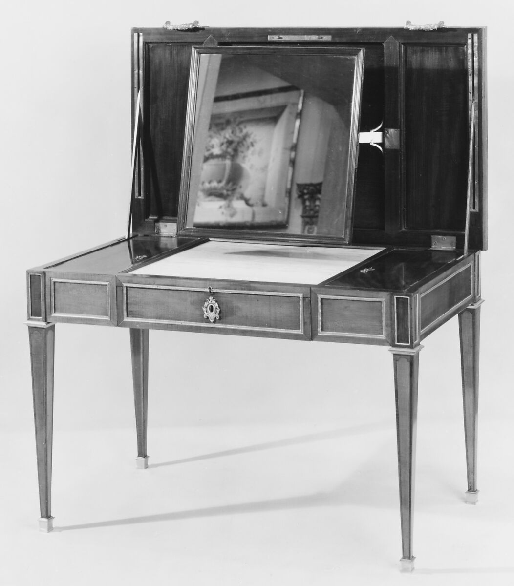 Writing and dressing table, Martin Carlin (French, near Freiburg im Breisgau ca. 1730–1785 Paris), Sycamore, mahogany, boxwood, and ebony on oak; gilt bronze; brass; marble; leather, steel, French, Paris