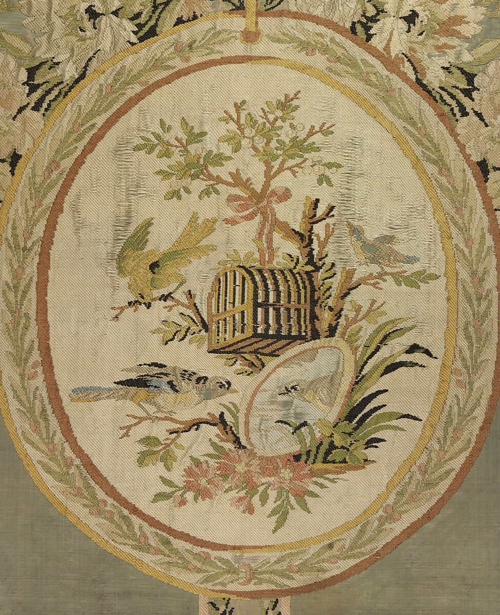 Fire screen (écran), Georges Jacob (French, Cheny 1739–1814 Paris), Carved, gilded and silvered beech; 18th-century silk brocade (not original to frame), French, Paris