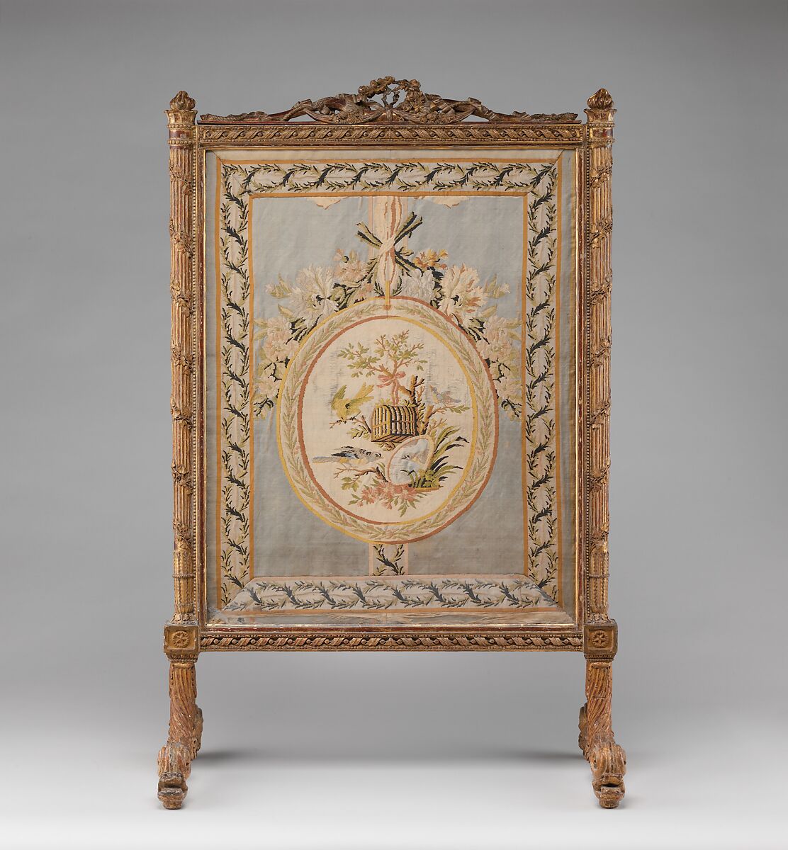 Fire screen (écran), Georges Jacob (French, Cheny 1739–1814 Paris), Carved, gilded and silvered beech; 18th-century silk brocade (not original to frame), French, Paris 