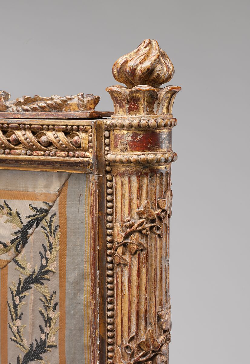 Fire screen (écran), Georges Jacob (French, Cheny 1739–1814 Paris), Carved, gilded and silvered beech; 18th-century silk brocade (not original to frame), French, Paris