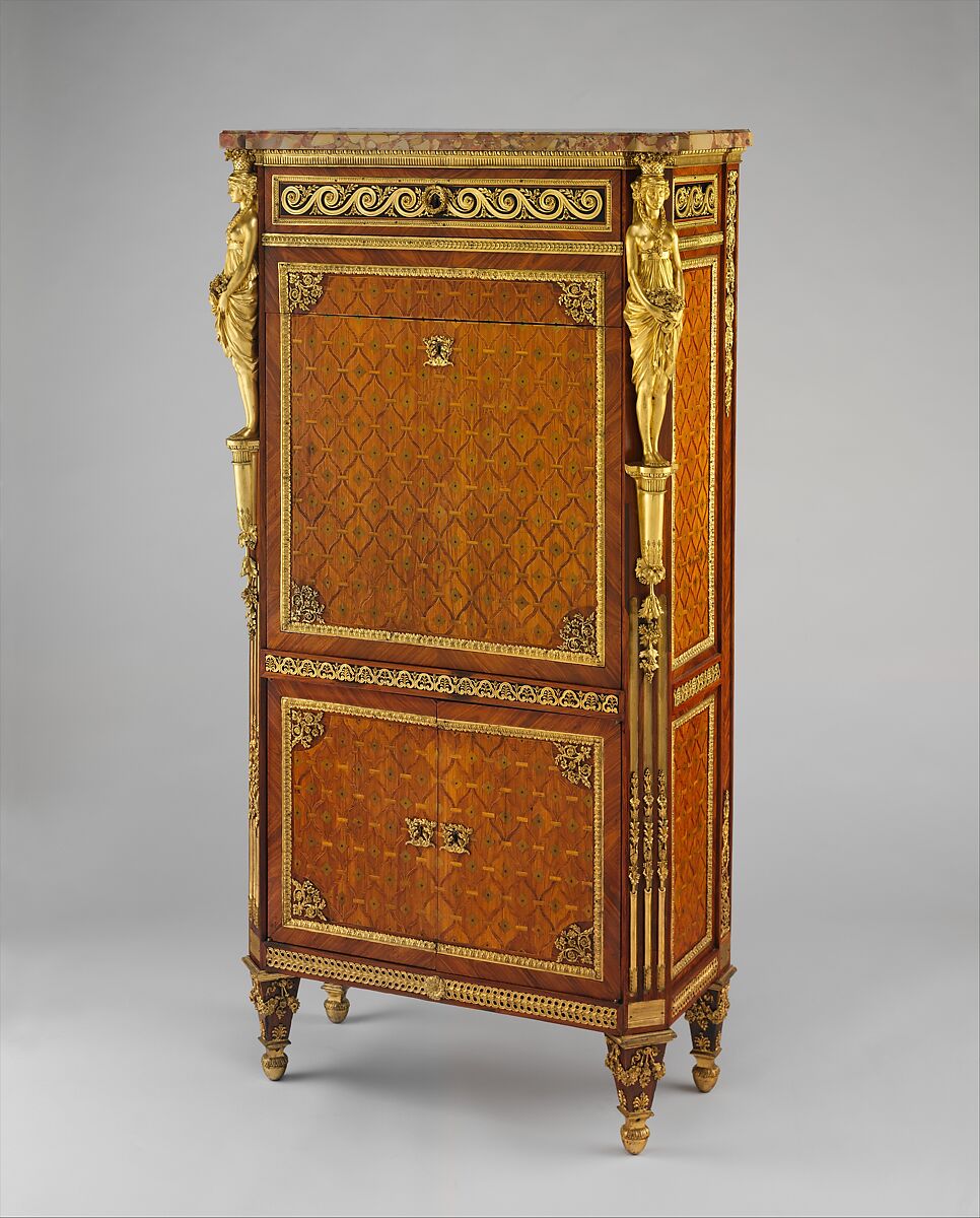 Drop-front secretary (secrétaire à abattant or secrétaire en armoire), Guillaume Benneman (active 1785, died 1811), Oak veneered with tulipwood, kingwood, holly partly stained green, ebony, and mahogany; brèche d'Alep marble (not original); modern leather; gilt-bronze mounts, French, Paris 