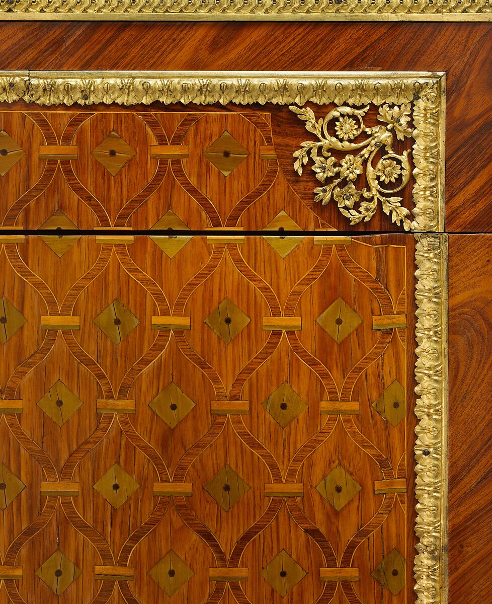 Drop-front secretary (secrétaire à abattant or secrétaire en armoire), Guillaume Benneman (active 1785, died 1811), Oak veneered with tulipwood, kingwood, holly partly stained green, ebony, and mahogany; brèche d'Alep marble (not original); modern leather; gilt-bronze mounts, French, Paris